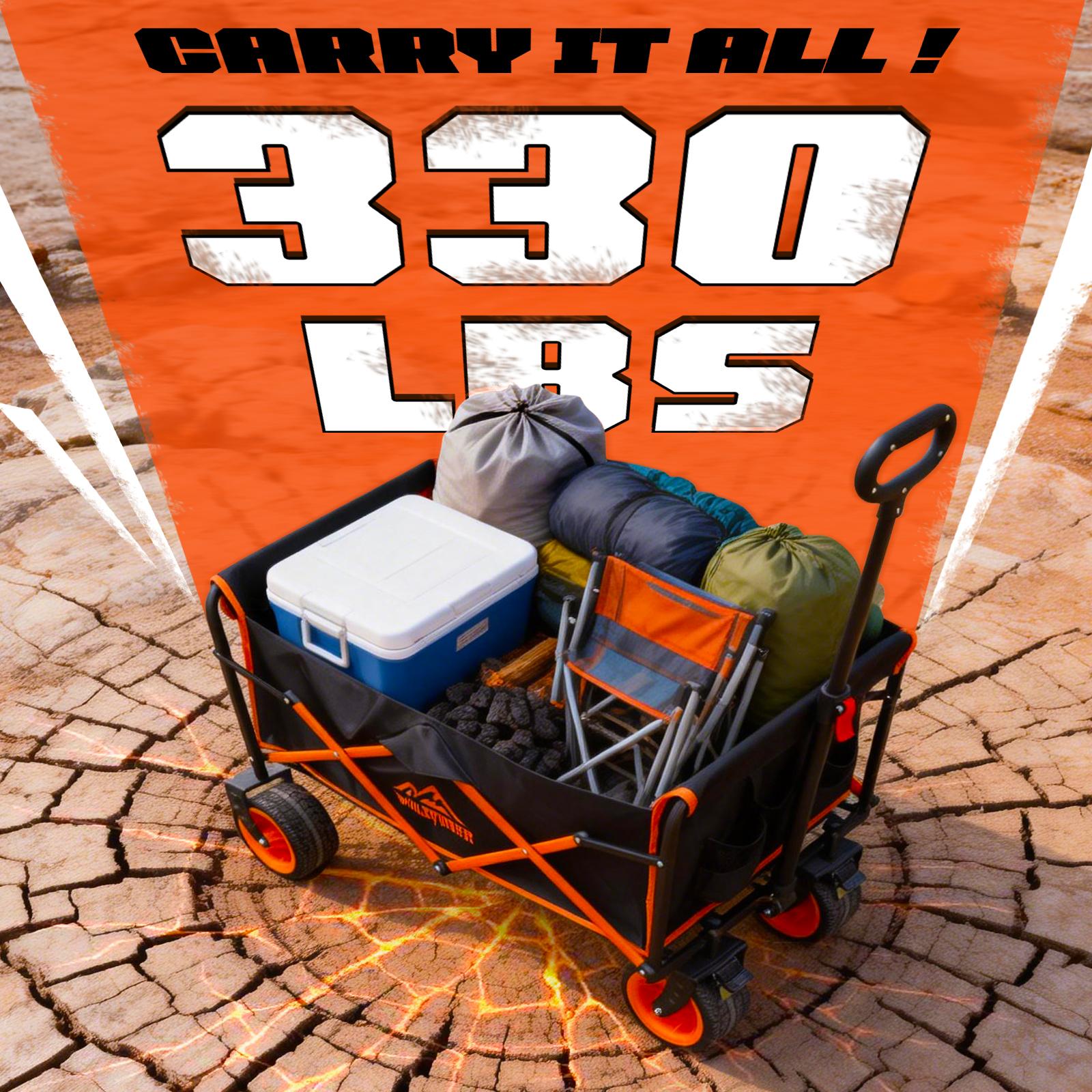 【New Arrival】WildFinder Collapsible Wagon - 330LBS Capacity, Extra Large Foldable Wagon with All-Terrain Wheels, Utility Beach Cart for Outdoor Garden, Black and orange