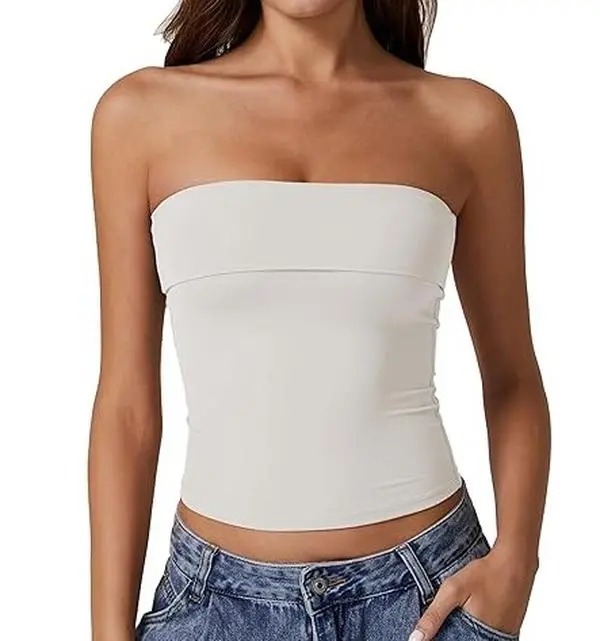 QINSEN Women's Fold-Over Tube Top Double Lined Strapless Bandeau Summer Slim Fit Going Out Tank Tops