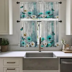 1/2/3pcs of 2D Flat Printed Kitchen Curtains Featuring a Retro Design with White Daisies, Cyan Daisies, And Cyan Butterflies. Includes Rod Pocket Valance And Tier Curtains, Perfect for Window in Kitchens, Cafes