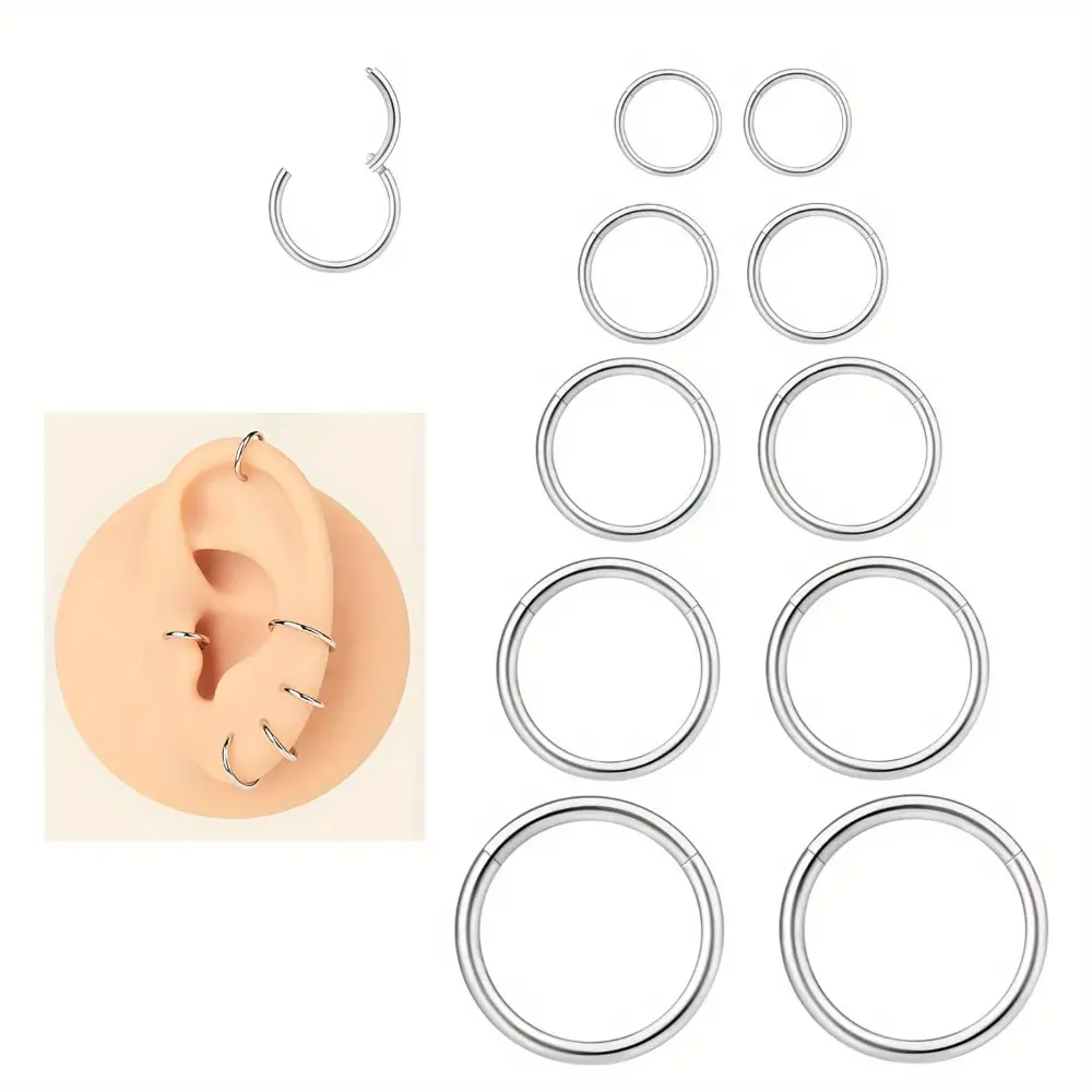 5 Pairs 16G 6MM 7MM 8MM 9MM 10MM Hinged Clicker Septum Rings 16G Nose Hoop Tragus Helix Cartilage Hoop Earrings