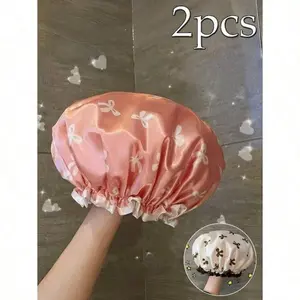 2pcs Waterproof Double-Layer Bow Shower Cap, Elastic Shower Cap, Adult Kitchen Oil-Proof Cap, Bathroom Hair Drying Cap, Elastic And Adjustable, Suitable For Face Washing, Drying Hair, Makeup, Cooking, Shampooing 1pc Home Bathroom Decor Fall Decor Back To