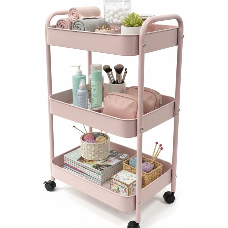 3-tier compact metal storage rack with wheels for easy movement; multi-functional mobile cart suitable for kitchens, bedrooms, and under desks; available in pink and white.
