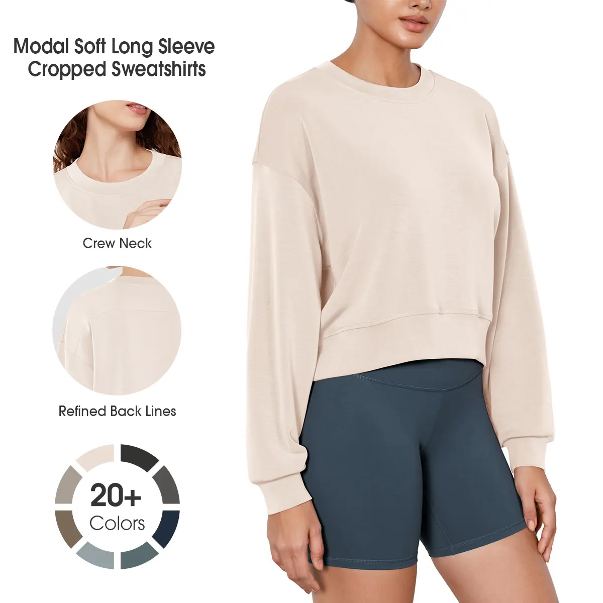 ODODOS Modal Soft Long Sleeve Cropped Sweatshirts for Women Oversized Crew Neck Pullover Crop Top, Polyester, Everyday, Fabric