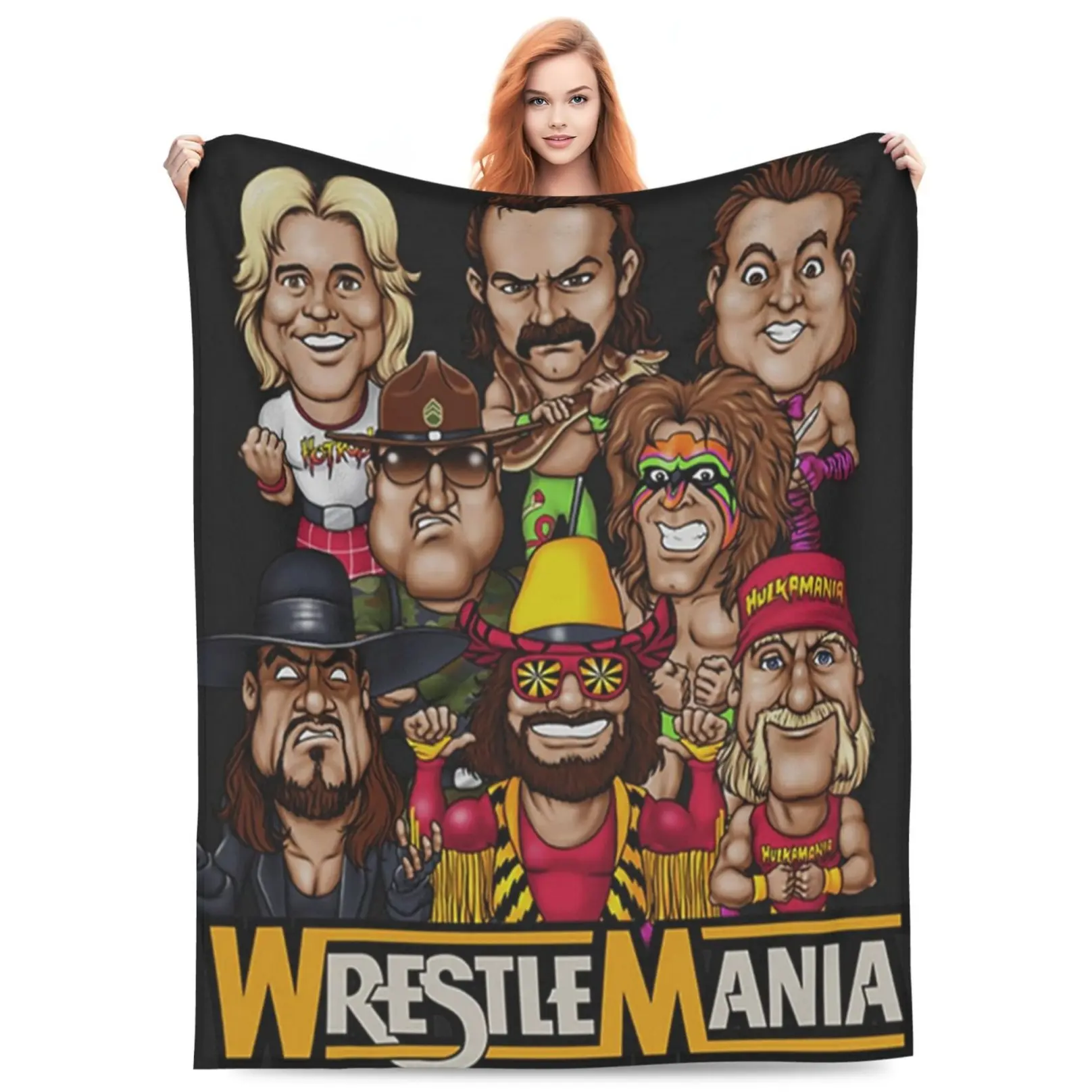 WrestleMania Legends Anime Style Flannel Blanket, Soft Warm Wrestling-Themed Throw, Cozy Lightweight Skin-Friendly Blanket for Couch Office Bed Camping Travel, Versatile All-Season Gift, Vintage Retro Design, Perfect for Wrestling Fans Birthday & Christma