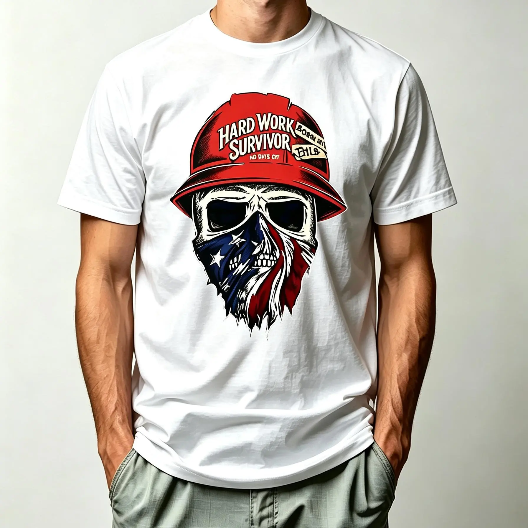 Men's 100% Heavy Cotton Short-Sleeve Round Neck T-Shirt - Unisex Classic Fit, Bold Skull Graphic Print, Hard Work Theme Vintage Street Tops, Auto Mechanic Menswear Gift, Shortsleeve, Casual