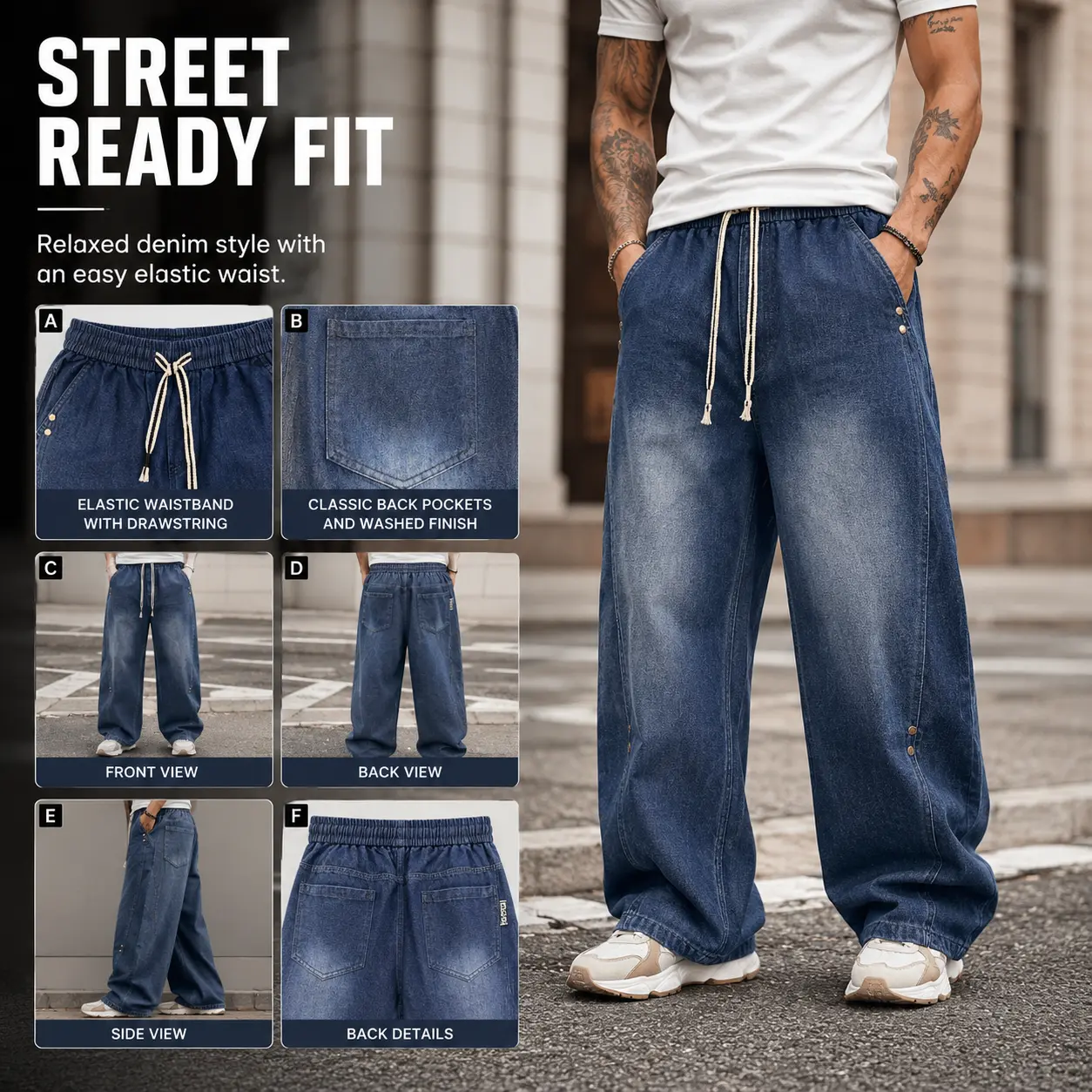 Men's Low-Rise Baggy Wide-Leg Denim Jeans - Vintage Wash, Y2K Streetwear, Banana Shape, Graduated Fade, Drawstring