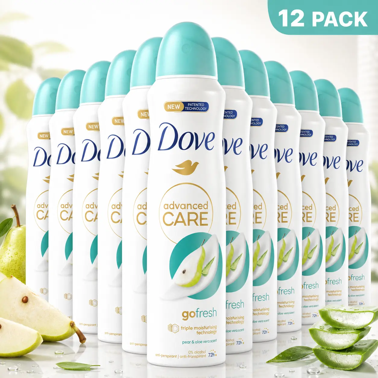 Dove Women’s Go Fresh Pear & Aloe Deodorant 12 Pack Bulk (5oz/150ml) 72HR Protection 1/4 Moisturizing Cream Scented Antiperspirant Spray, Advanced Care, Sensitive Skin, Body Care, Refreshing Alcohol Free, Underarm Daily Evening Fragrance Aroma Cleanser