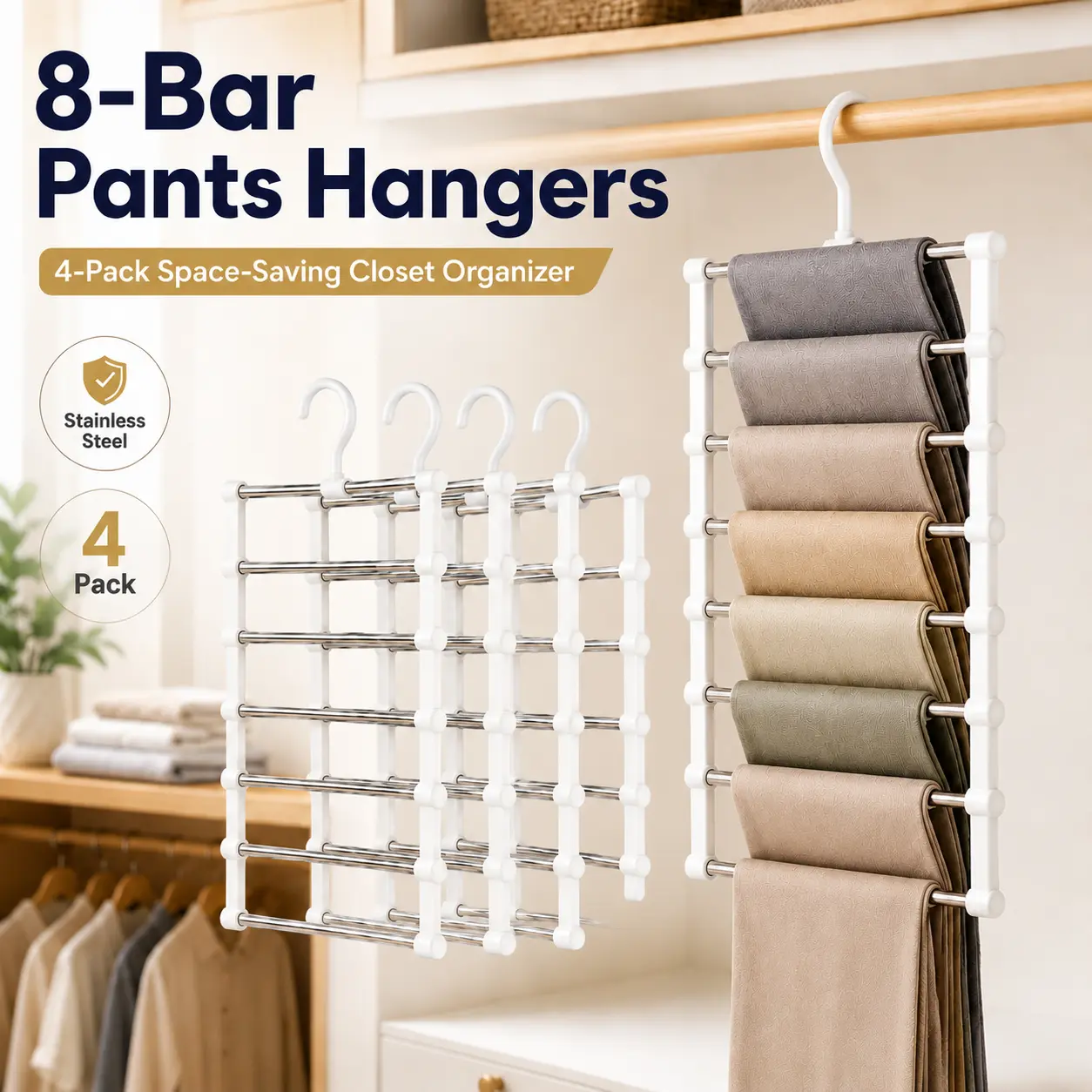 4-Pack Folding Pant Hanger Organizer - 8-Bar Multi-Layer 54cm×36cm Space Saver Hangers, Laundry Hanging Clothes Organizer for Compact Closet Organization, Jeans, Slacks, Towels, Rubber