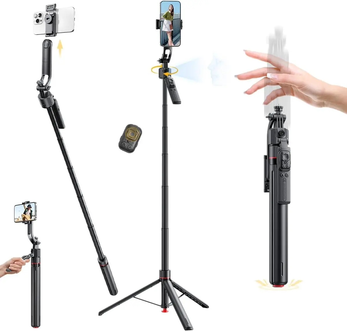 [BackToSchool] 69" Auto Face Tracking 360° Selfie Stick & Tripod for iPhone & Android • One-Click Pop-Up, Gesture Control, Handheld Stabilizer, Detachable Phone Clip & Multifunctional Remote • Compatible with iPhone 17/16/15/14/13
