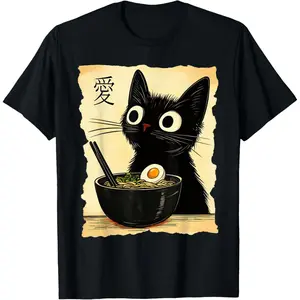 Funny Cat Ramen Graphic Tee Japanese Kawaii Anime Cat T-Shirt shirts men Vintage Designer Oversized T-Shirt graphic tees short sleeve shirt
