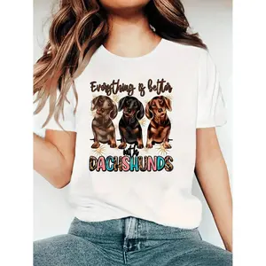 Dachshund Crew Neck T Shirt With Dog Print Casual Summer Top For Adults Featuring Medium Stretch Knit Fabric
