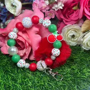 Sweet cherry wristlet keychain color scheme red, green, cherry print and bling beads made with wire