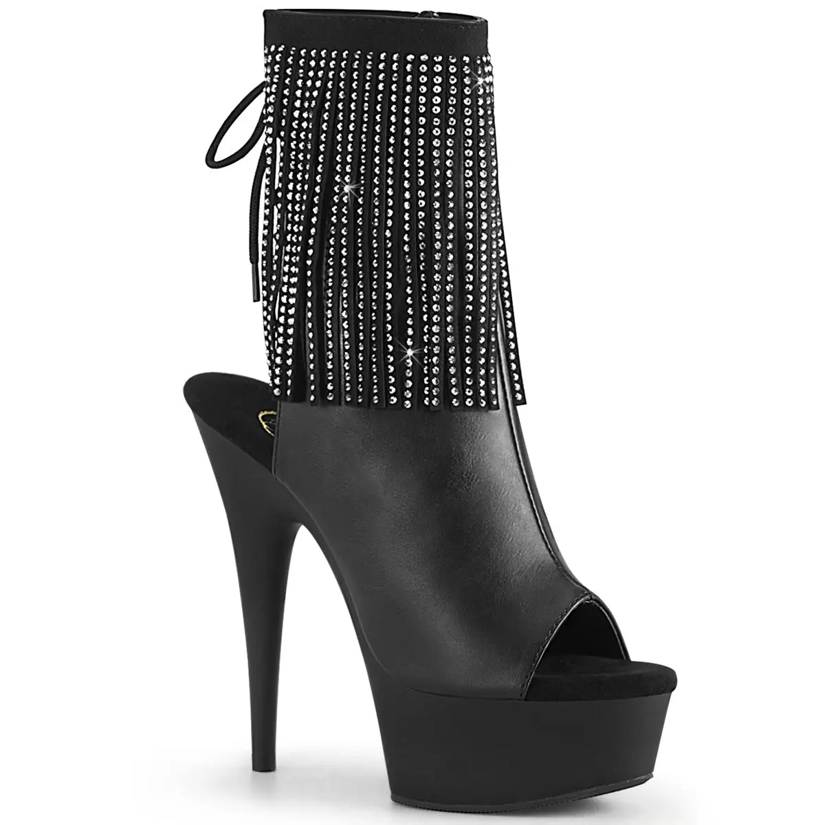 Pleaser Delight-1018RSF Women's Black Vegan Leather High-Heel Platform Boots, Rhinestone Fringe, Hidden Zip Pocket, Elegant Statement Footwear