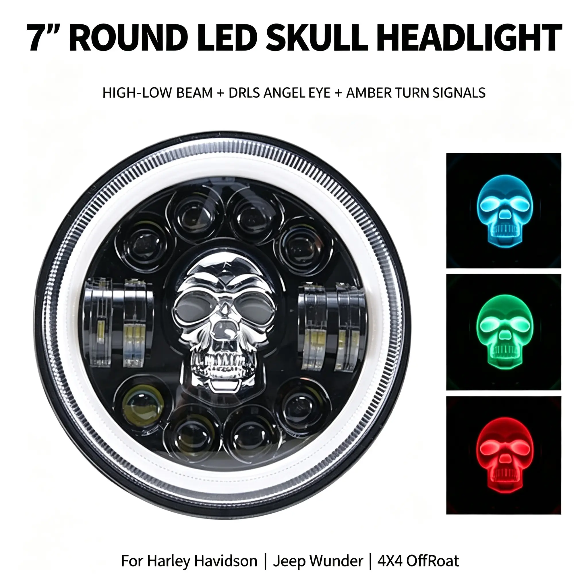(Includes a free H4 cable)7-inch round LED skull headlight, high and low beam lights, daytime running lights (DRL) angel eyes, amber turn signal LED headlight, motorcycle headlight replacement, compatible with Harley-Davidson, Jeep Wrangler