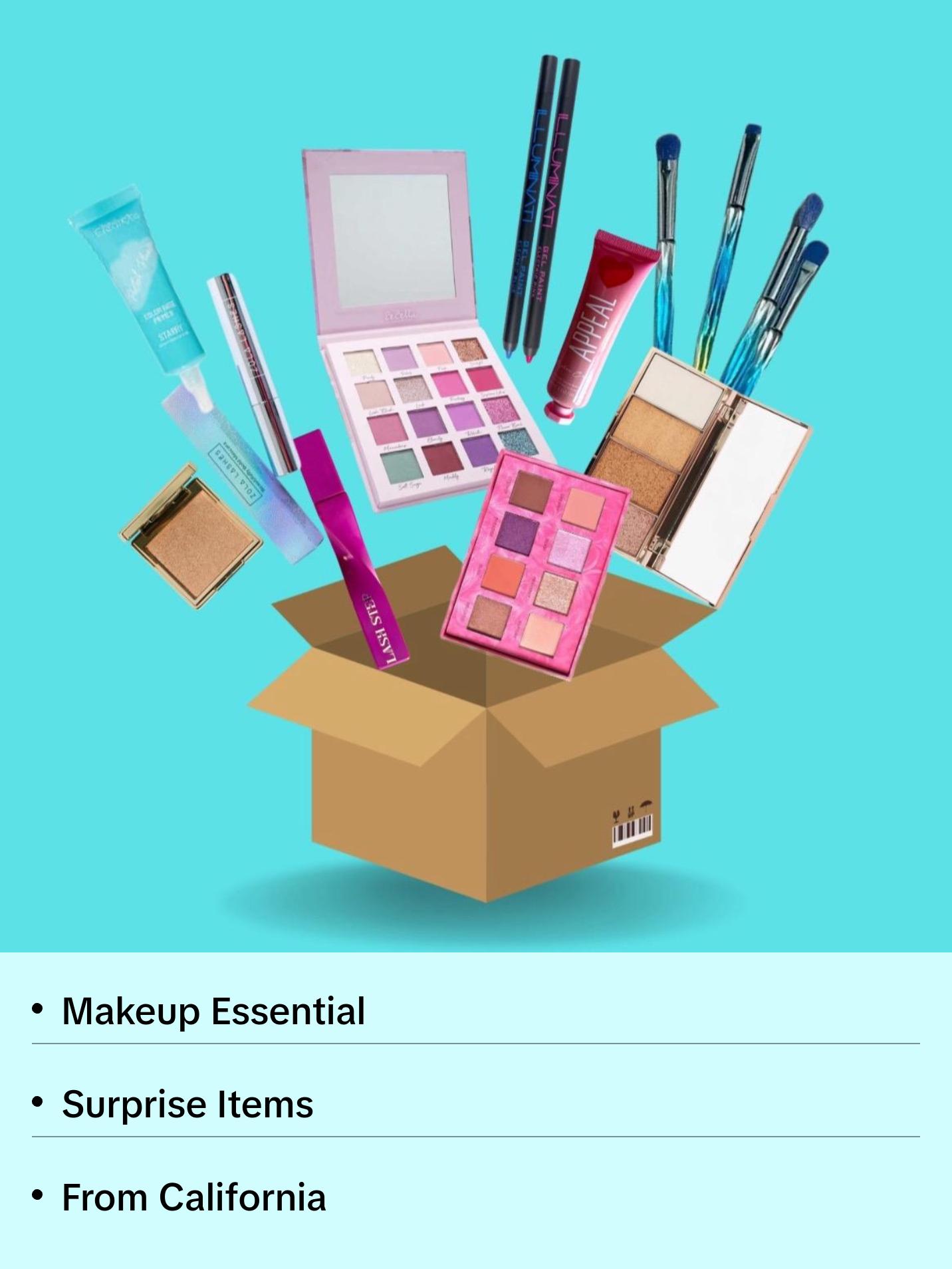 Limited Edition Overstock Box - Includes 17-20 Makeup Essentials: Eyeshadow Palettes, Lip Gloss, Blush, Liner, Brow Products, Mascara, Setting Spray & More Ships from California