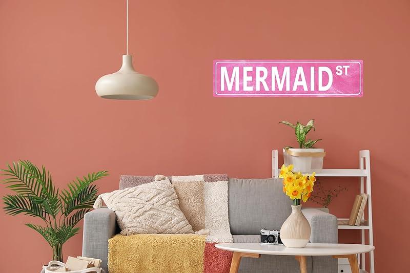 Pink Mermaid Wall Decor Metal Tin Signs Street Poster Cute Room Decor For Teen Girls 4x16 Inch