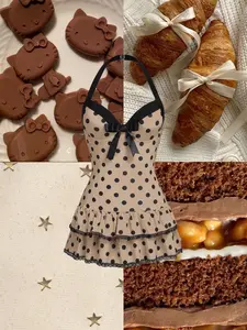 Brown 1940s Halter Polka Dots Bow One-Piece Swimsuit High Stretch Swimwear