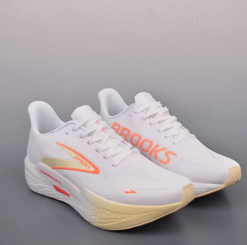 White Orange Gradient Perforated Knit Beige Thick Cushion Running Shoes, Brooks Max Shock Absorb Marathon Trainers, Breathable Anti-Slip Long-Distance Road Sneakers For Men & Women Jogging