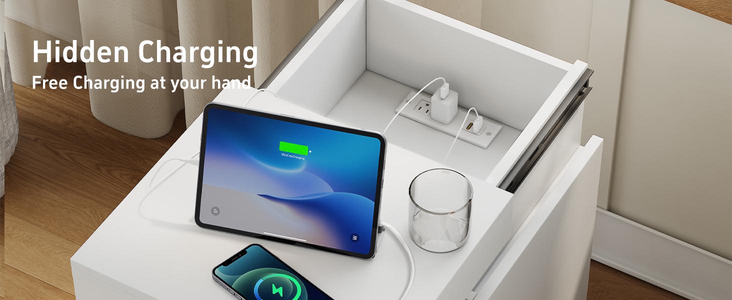 TryLazy Nightstand With Sliding Top Charging Station And LED Lights Furniture Bedroom Modern Design Bedside Table Drawer Home