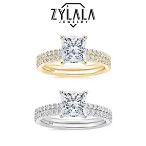 [374] 1CT Synthetic Moissanite Ring Princess Cut & Synthetic Moissanite Eternity Band Set 925 Sterling Silver Promise Ring Engagement Wedding Gift