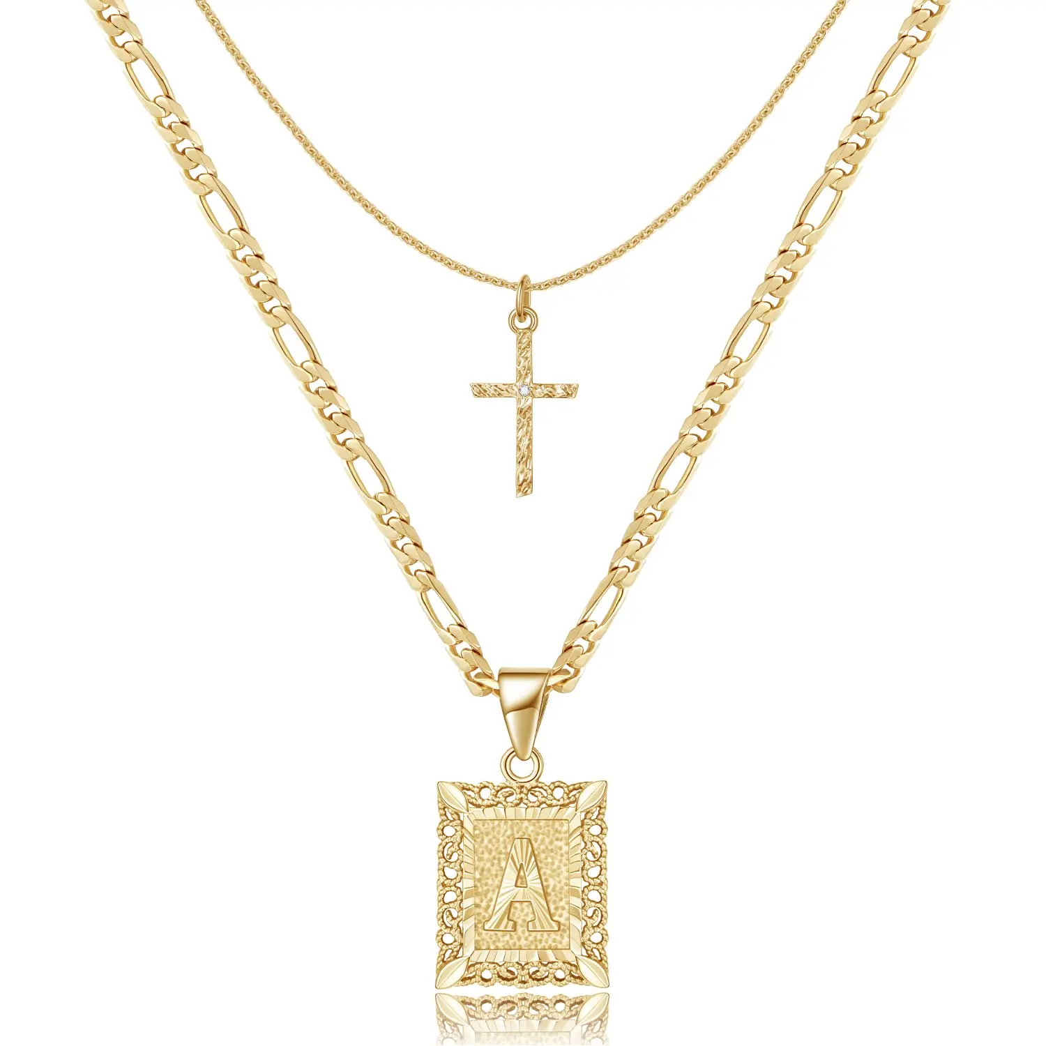 Gold Layered Initial Cross Necklace, 14K Gold Plated Layering Square Letter Pendant Figaro Chain Cross Choker from A-Z Capital Jewelry for Women Girls