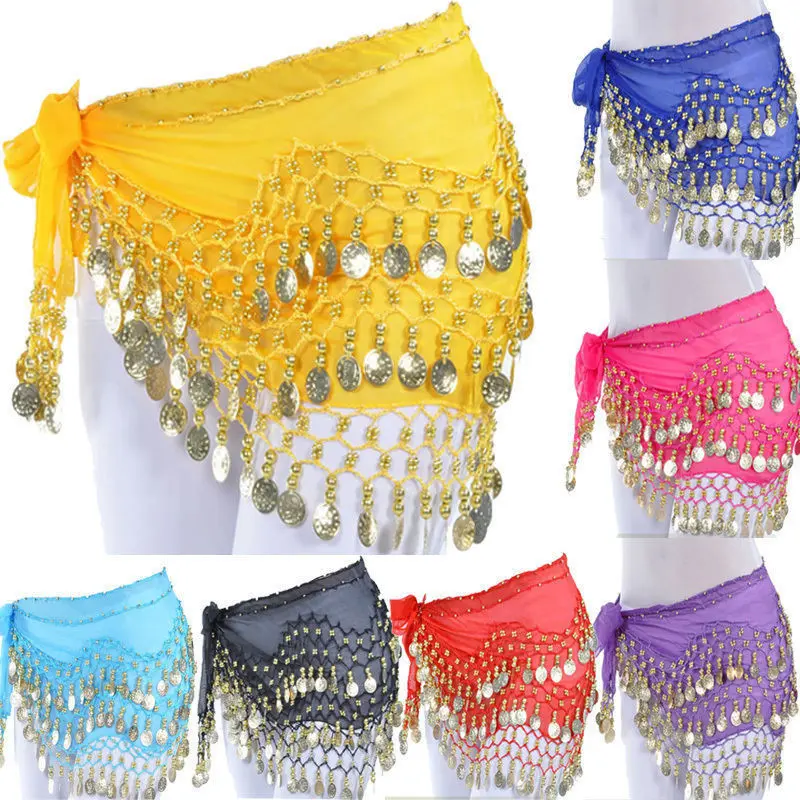 Women's Dramatic Style 3-Row 128 Gold Coins Belly Dance Hip Scarf Belt, Waist Chain Wrap Skirt Accessory, Dramatic Style Women's Belts