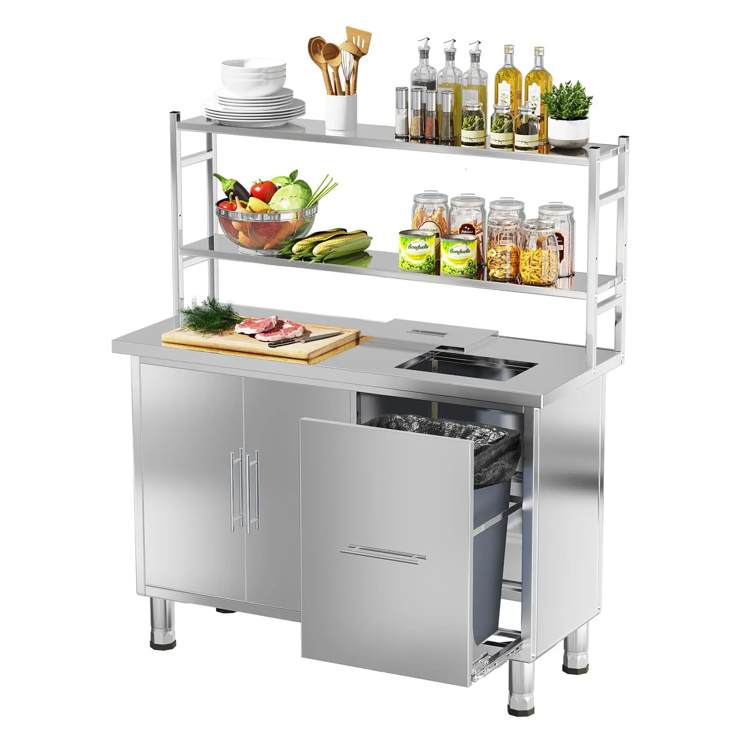 AECOJOY Heavy-Duty 48"x20" Stainless Steel Work Prep Table with Built-In Trash Bin Cabinet, Adjustable Storage Shelves & Closed Cabinet, Ideal Food Prep Station for Commercial Restaurant Kitchens