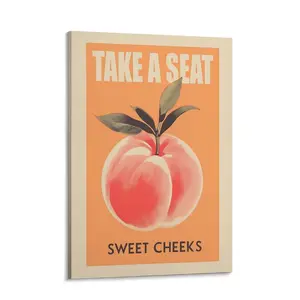 Funny Pink Peach Wall Art Vintage Take A Seat Sweet Cheeks Canvas Posters Delicious Food Fruits Prints Painting For Minimalist Preppy Bathroom Bedroom Dorm Wall Decor