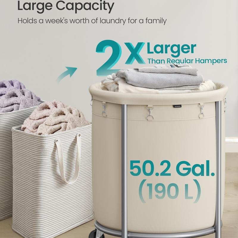 SONGMICS Laundry Basket with Wheels, Rolling Laundry Hamper, Round Laundry Cart with Steel Frame and Removable Bag ,Organiser