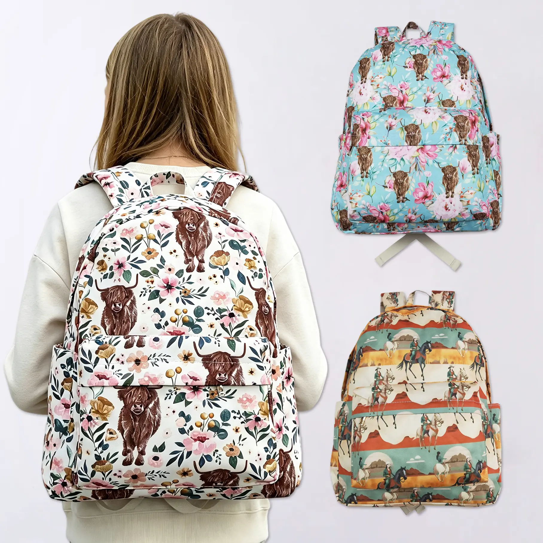 Highland Cow Floral School Backpack Western Style Kids Backpack 3 Prints Available, Highland Cow Floral & Cowboy Horse Pattern Lightweight School Bookbag For Girls Boys