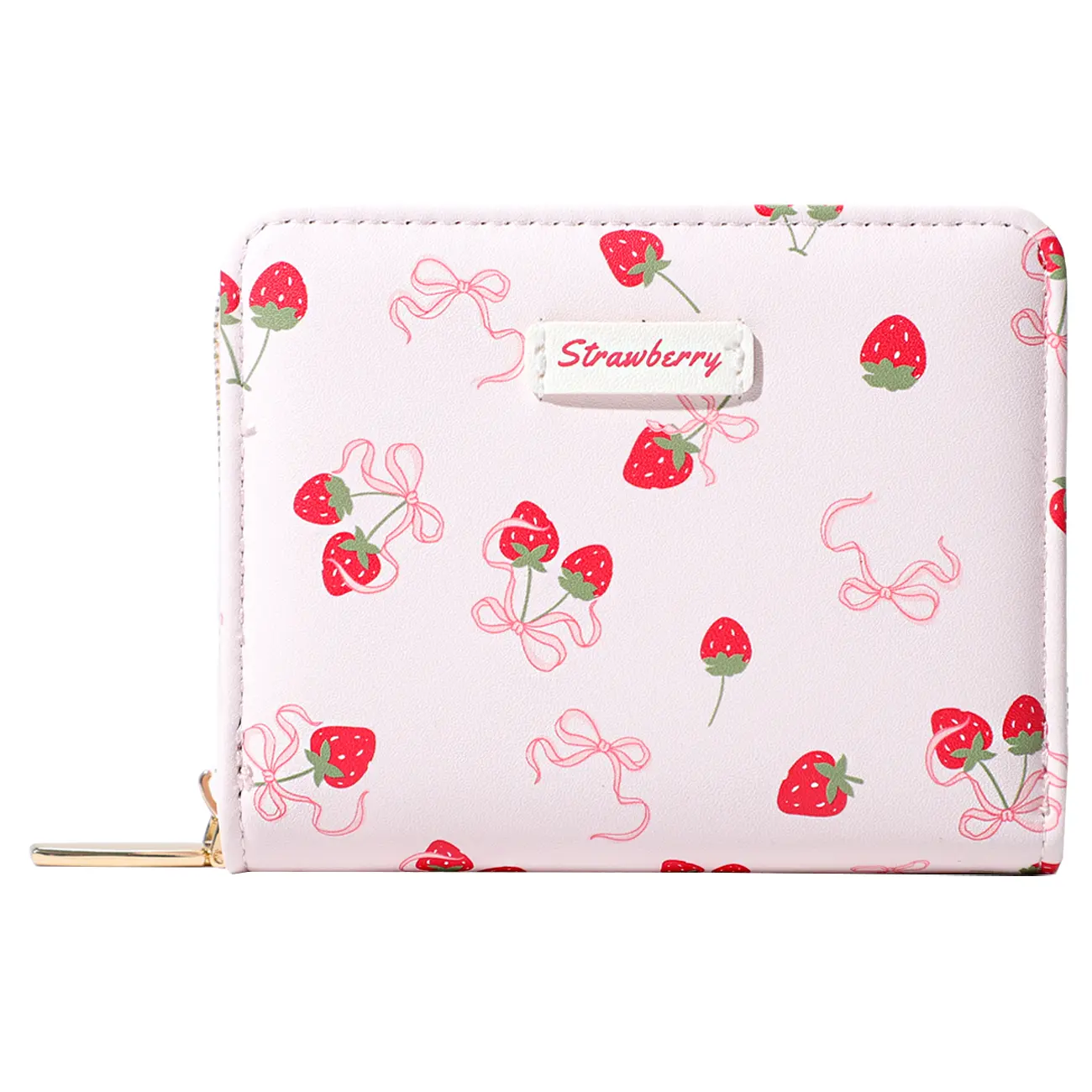 Women's Cute Cherry Strawberry Bow Print Wallets for Women, with Credit Card Slots, ID Window & Zipper Coin Pouch