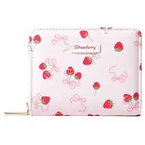 Women Cute Cherry Strawberry Bow Print Wallets with Credit Card Slots ID Window & Zipper Coin Pouch