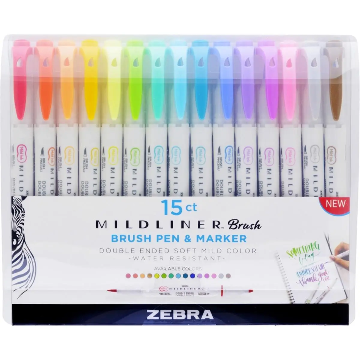 212 MAIN Zebra Pen Mildliner Brush Tip Pen Set - 15-Pack, Assorted Colored Markers & Highlighters, Colored Brush Markers (Office Stationery Writing Tool)