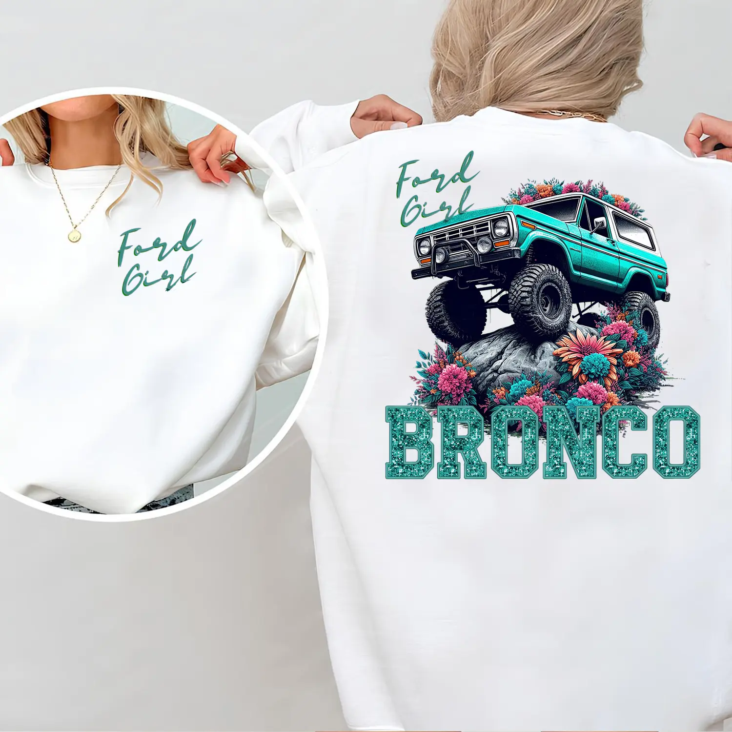 Ford Girl Bronco T-Shirt-Vintage Off Road Bronco Floral Graphic Tee, Bronco Sweatshirt,  Womenswear,  Pullover