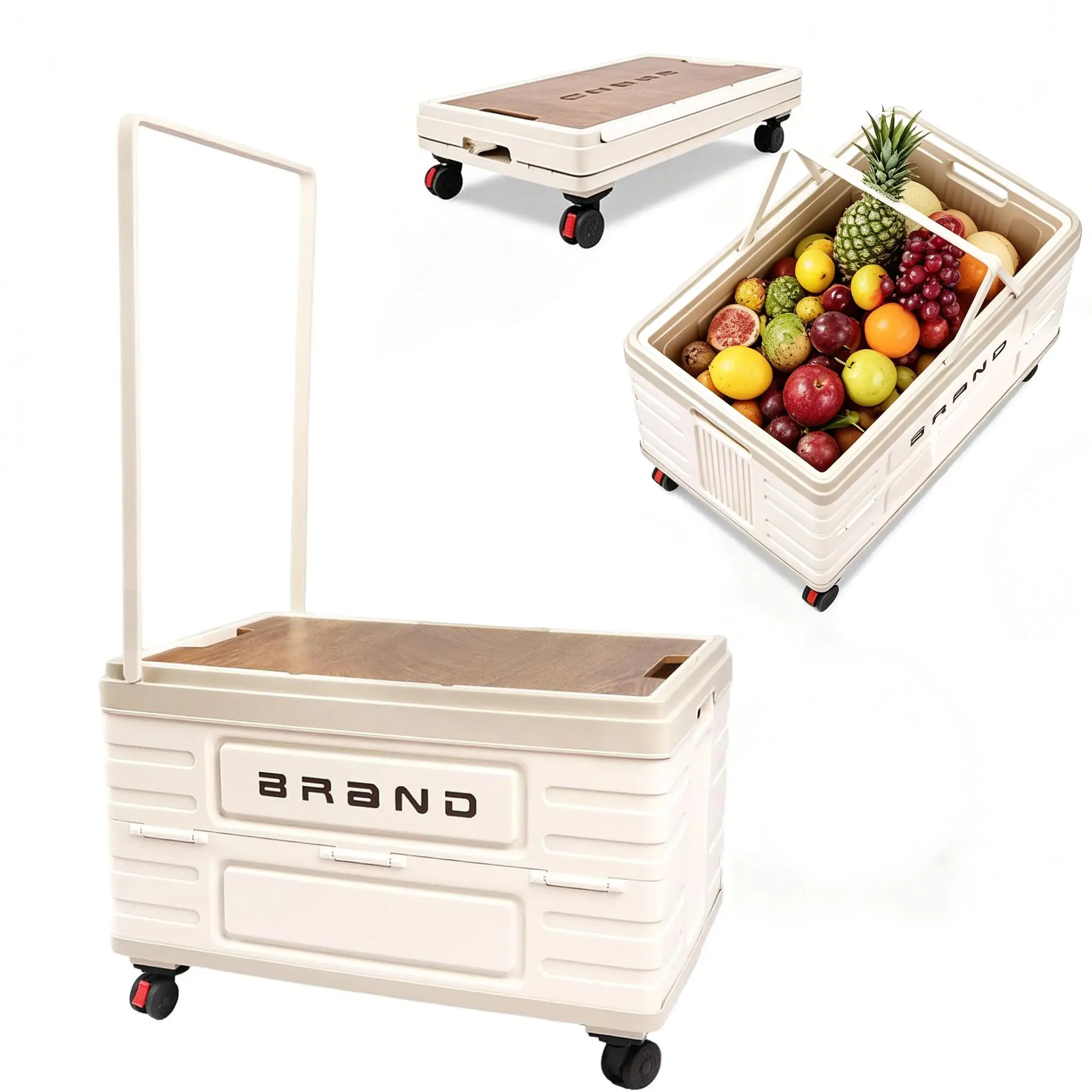 Foldable Rolling Storage Cart with Pull Handle & Wooden Lid and 360° Swivel Wheels, Wheeled Utility Shopping Cart, Collapsible Plastic Organizer Bin for Grocery, Camping, Home Storage Moving