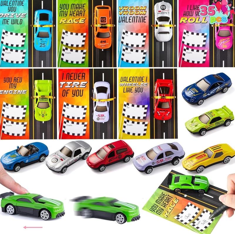 JOYIN 35 Valentines Day Die-Cast Racing Cars Gift Cards for Kids with Valentine’s School Classroom Exchange Greeting Cards, Vehicle Party Favor Toy Supplies