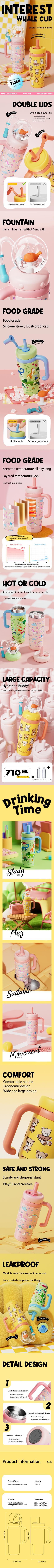 COMOBEBE 24oz Stainless Steel Whale Fountain Tumbler,Hot Water Mug,Spill-Proof, Dual Lids,  Durable Handle, Dishwasher Safe, Cute and  Fun,Valentine’s Gift