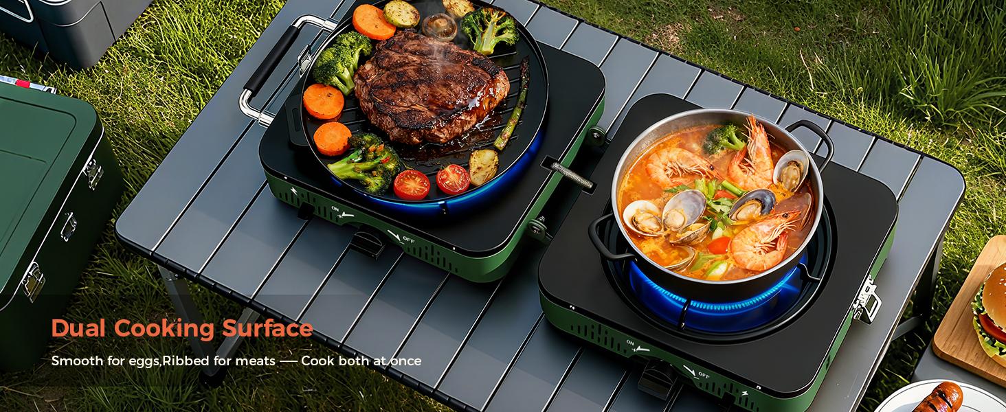 BIG HORN OUTDOORS 2 Burner Propane Camping Stove, Portable Camp Stove, Folding Gas Stove, Includes Frying Pan & Carry Bag for Camping, Emergency Use and Outdoor Cooking