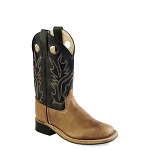 Old West Black Youth Boys Carona Leather Broad Square Toe Cowboy Boots