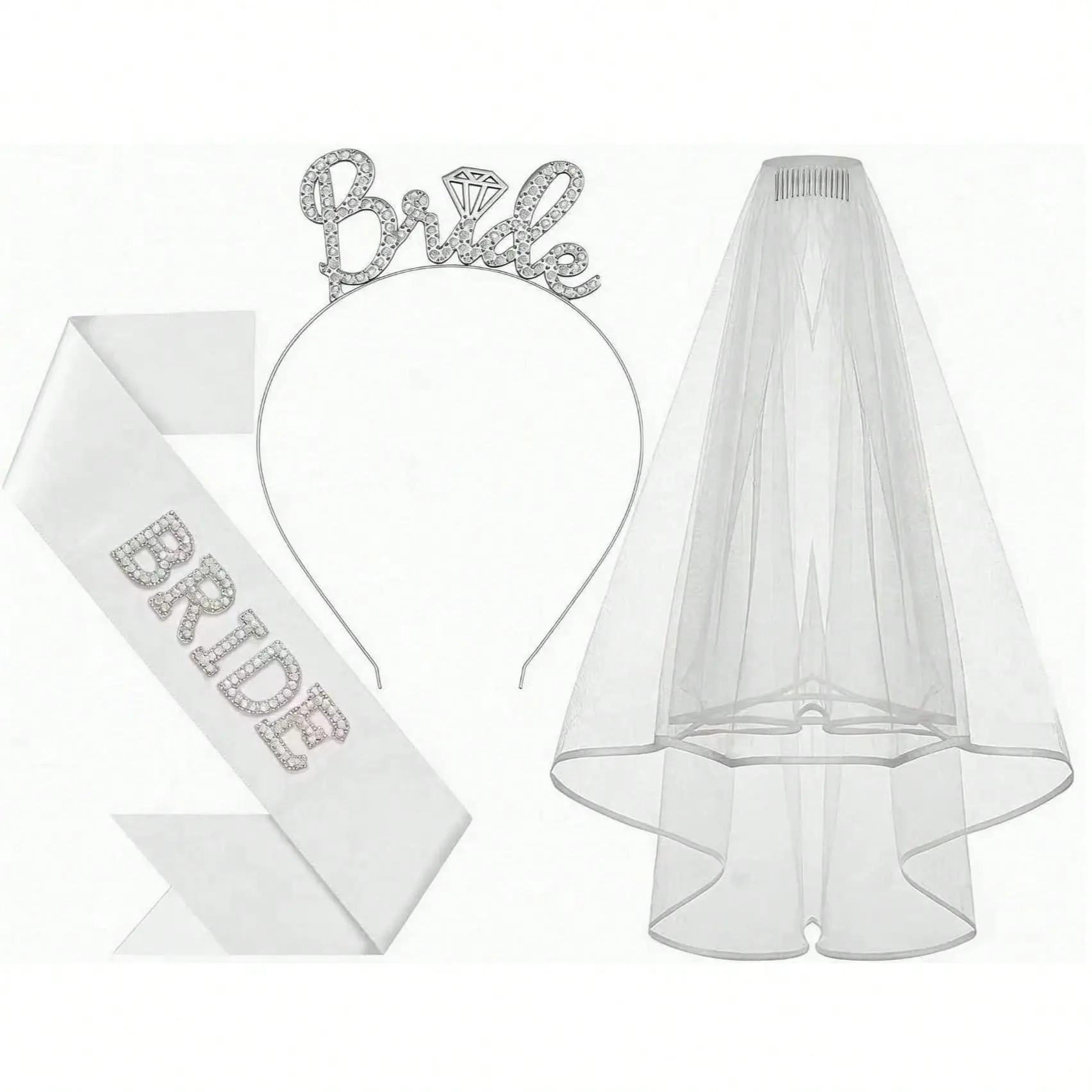 3-Piece Bridal Set Including Veil Rhinestone Hairband Pearl Bride sash Perfect for Bride shower Bridesmaid Photoshoots Bachelorette Party Costume Gift Trailing Veil Wedding Veil Wedding Veils for Brides