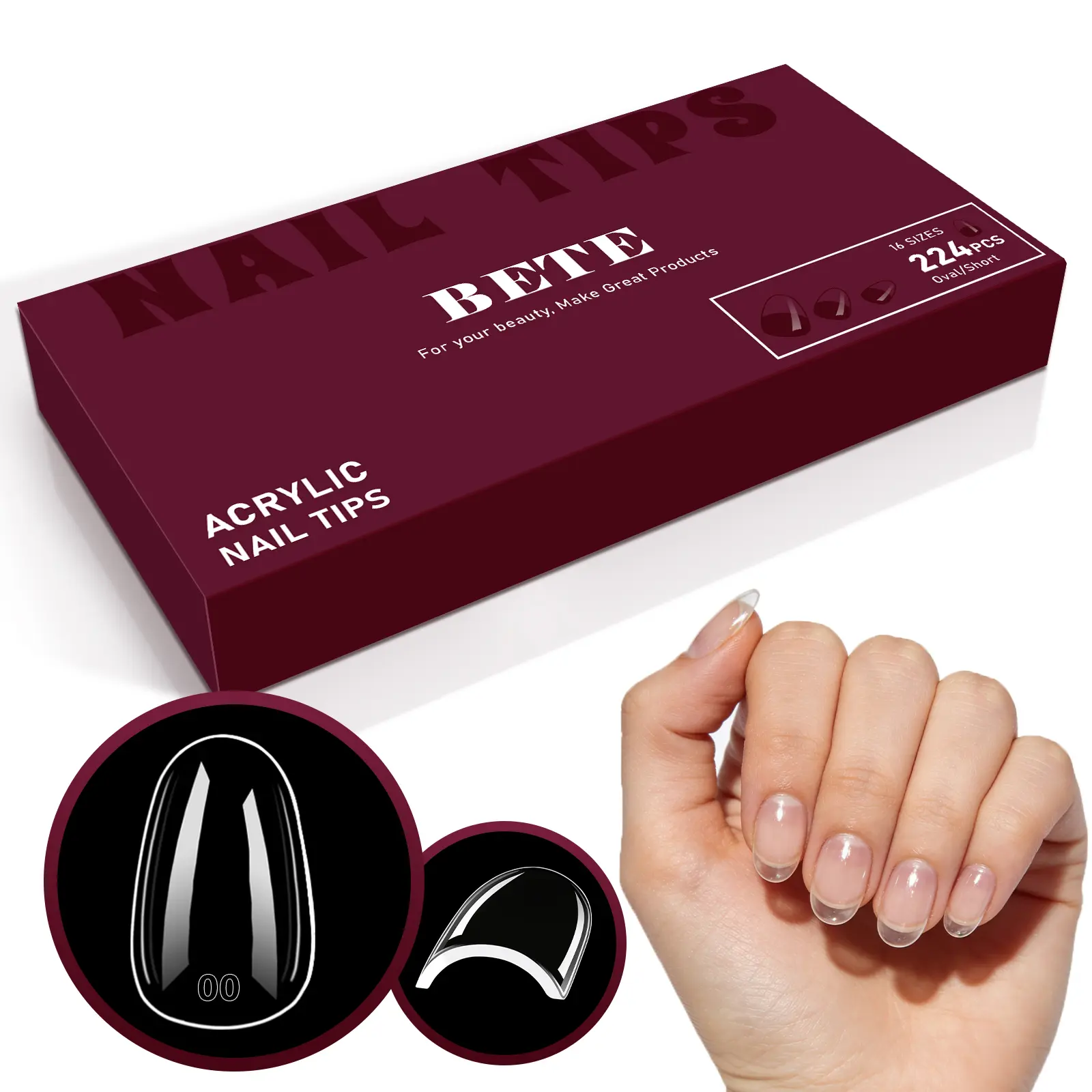 BETE  224PCS Oval Nail Tips, Clear Acrylic Full Cover, Pre-Shaped Strong, Extra Thick Press on Nails for DIY Manicure at Home & Salon