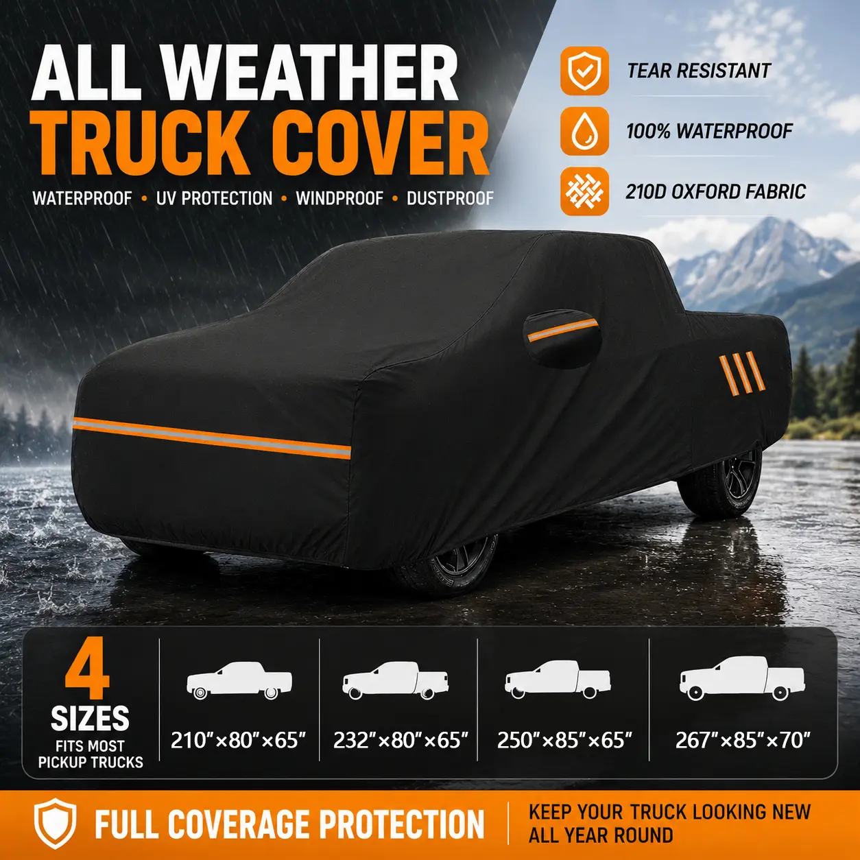 Waterproof Pickup Truck Cover for Ford F150 F250 F350, Chevy Silverado, GMC Sierra, Ram 1500 2500 3500 Full Exterior Outdoor Car Cover All Weather UV Sun Rain Snow Protection with Windproof Design Reflective Strip Black