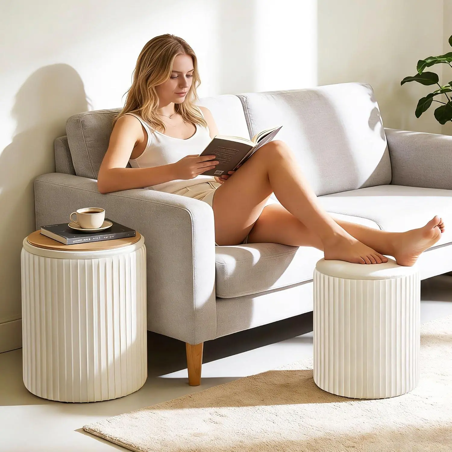 Velvet Storage Ottoman Set of 2 – Round Footrest Stools with Hidden Compartments, 18" & 14" Tall, Supports 250 LBS, Beige, for Living Room, Bedroom, Entryway Storage