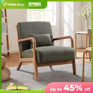 [SpringStatements] EBELLO Modern Accent Chair With Wooden Legs And One Pillow, Easy Assembly, ComfyFabric Living Room Chairs, Lounge Reading Armchair, Green