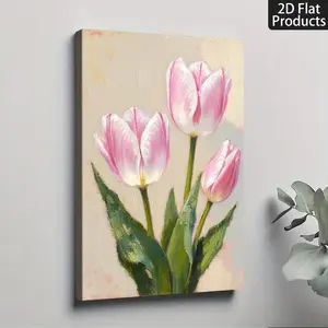 2D Flat A Single Piece of Beautifully Wrapped Solid Wood Frame Featuring a 2D Flat Print That Is And Durable, Complete with Hanging Hardware.This Pink Tulip Floral Art Print Serves As Wall Decoration, Suitable for Home, Room, Halloween	