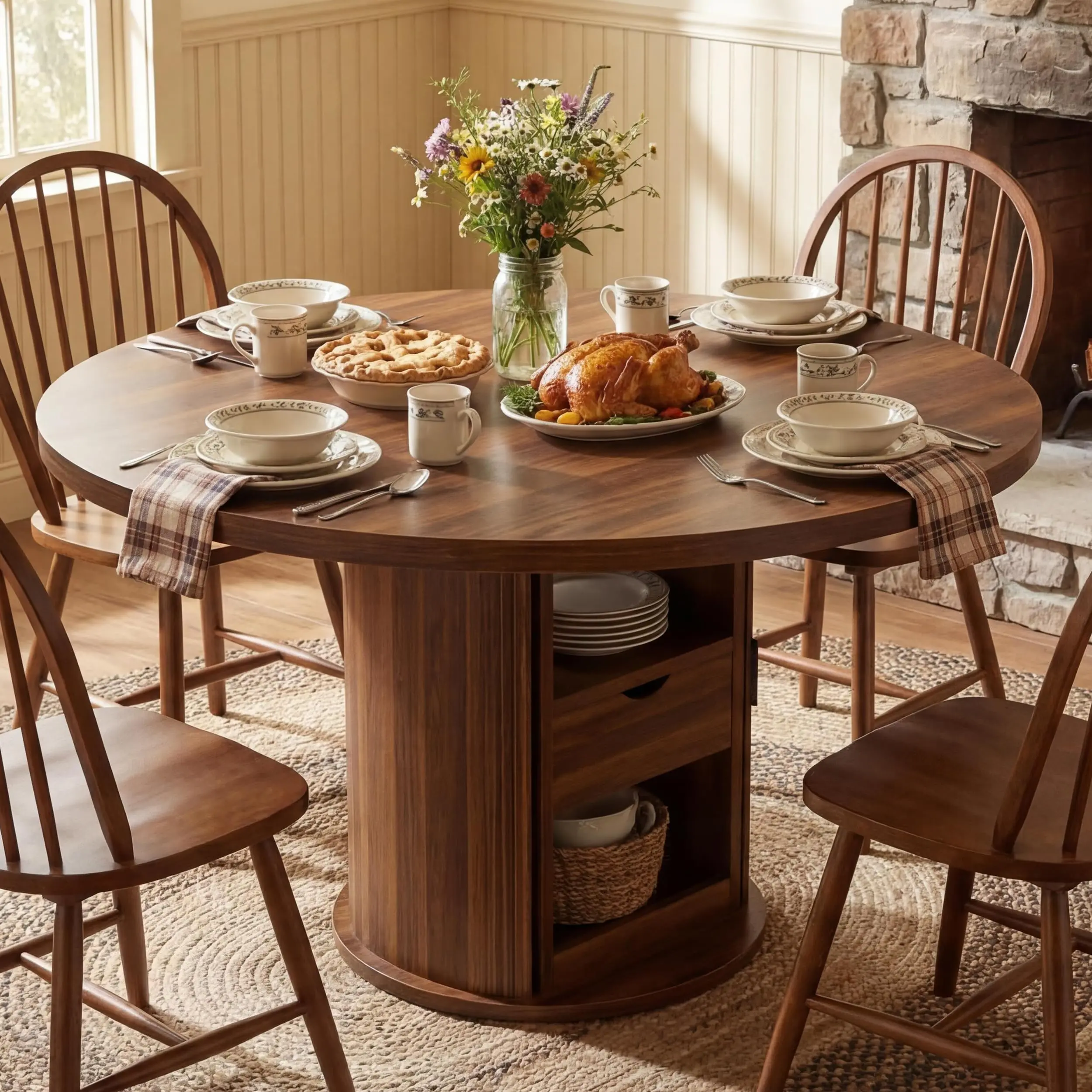 Garvee 47" Round Dining Table, Farmhouse Kitchen Table with 2-Layer Storage Shelf and Drawer, Circle Dinner Table for for 4-6 People for Dining Room, Kitchen, Living Room (Table Only), Walnut