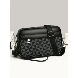 Men's Geometric Pattern PU Leather Shoulder Bag, Stylish Crossbody Bags, Zipper Closure Casual Multi-Purpose Handbag, High-Quality Durable Design