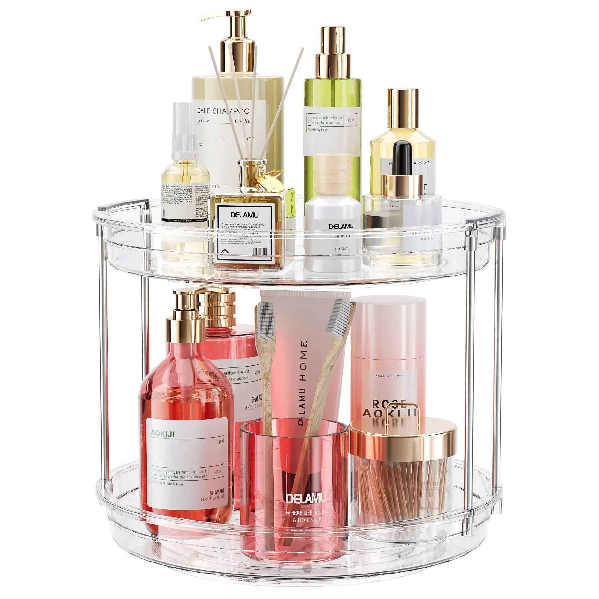 2-Tier Rotating Makeup Organizer, Lazy Susan Perfume Organizer Bathroom Organizer, Spinning Skincare Organizer, Cosmetic Display Case with Brush Holder Perfume Tray, Multi-Function Storage Carousel for Vanity Bathroom Countertop mothersdaygift