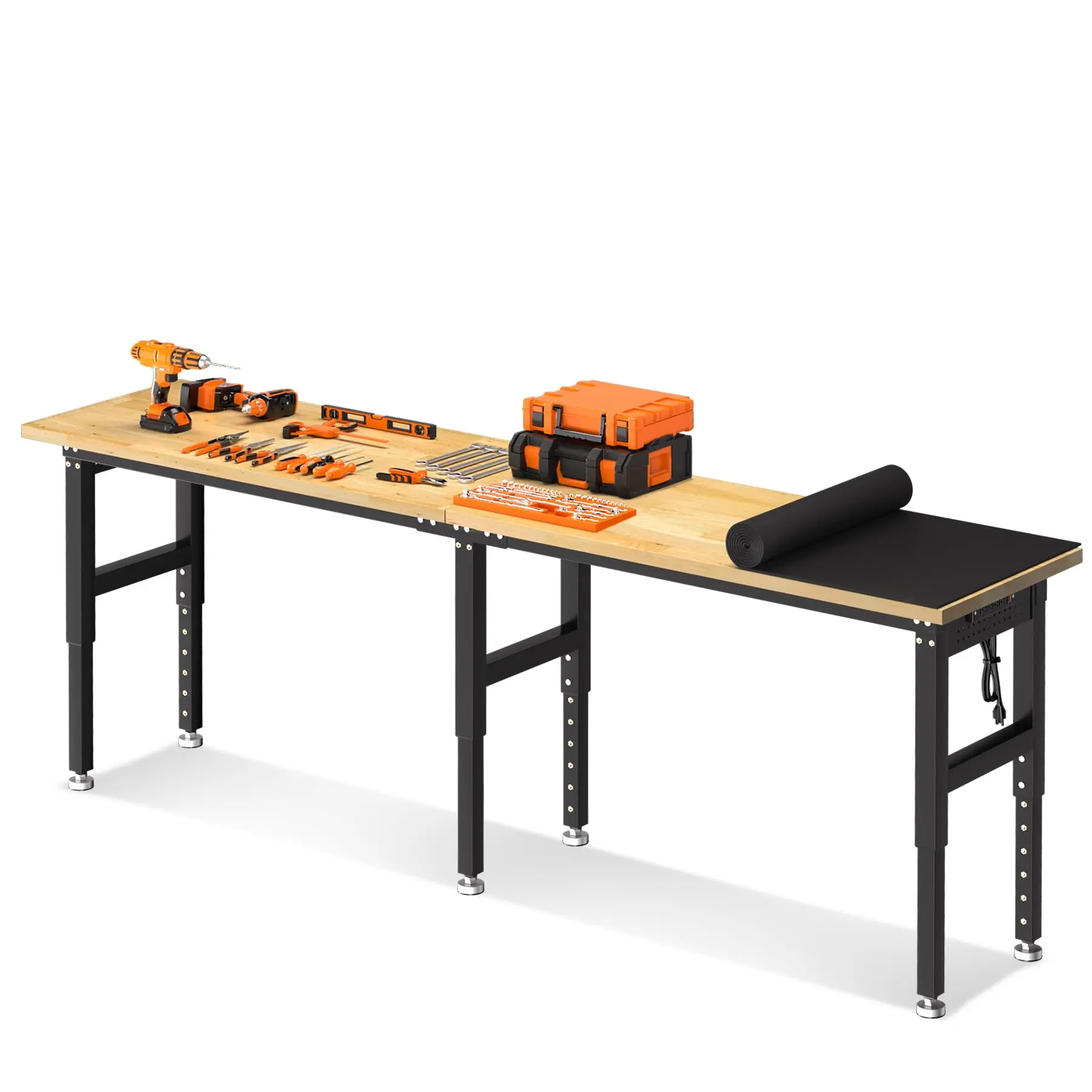 96" Rubber Wood Top Heavy-Duty Adjustable Computer Workbench Desk, 5500 lbs Capacity, Dual Power Outlets, Pegboard, Double-Row Socket - Office, Garage Workshop Table for WFH, Streamer, Studio Setup & Office Inspo