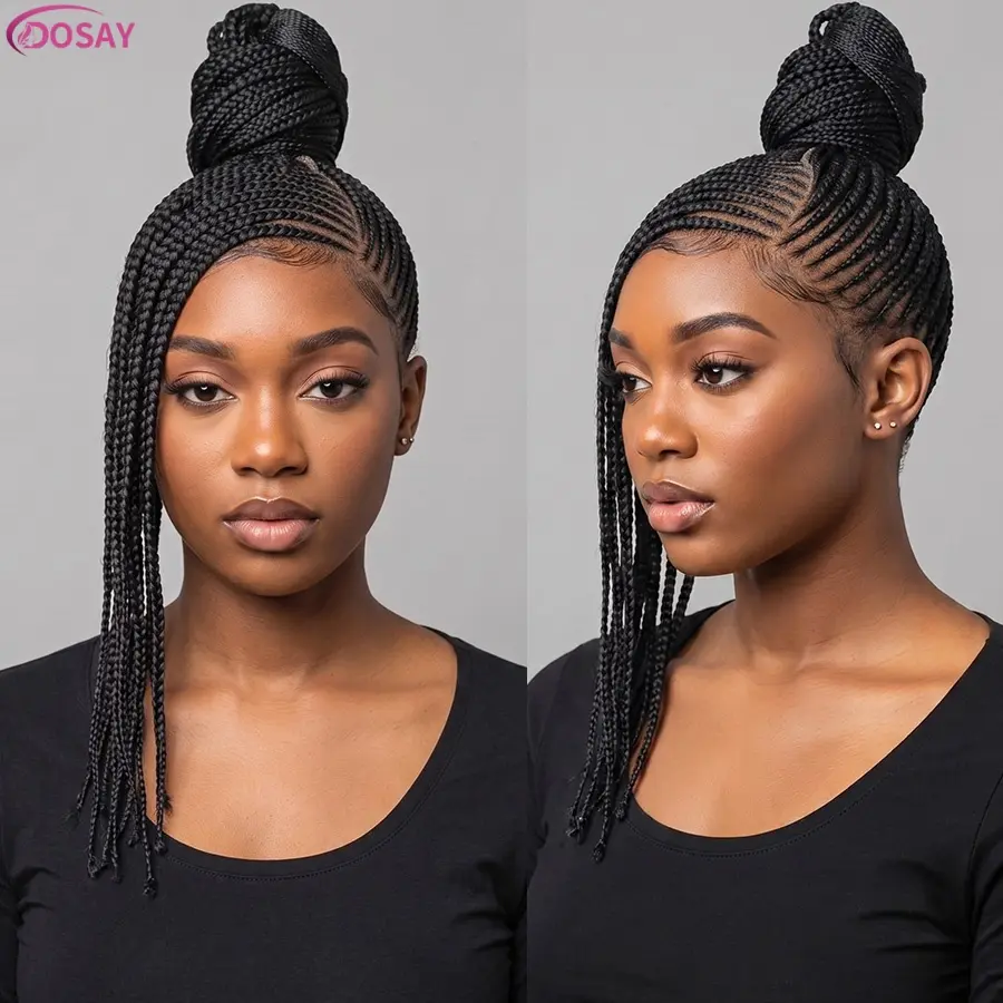DOSAY Female Synthetic Full Lace Front Braided Wig - Trendy High Bun Cornrow, Updo Ponytail Chignon, Straight Hair, Heat Resistant for Black African Women, Daily Wear